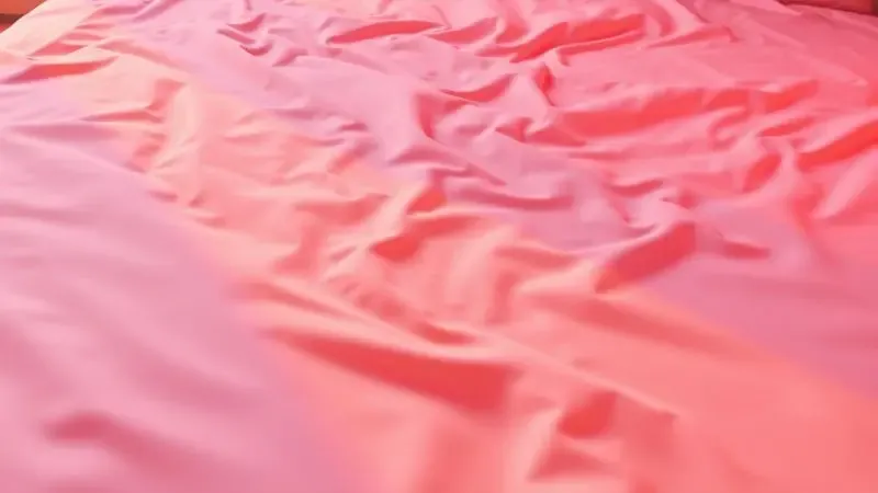 Renderização 3D conceitual de uma cama com lençóis ondulados e iluminação artística em tons de violeta e laranja.