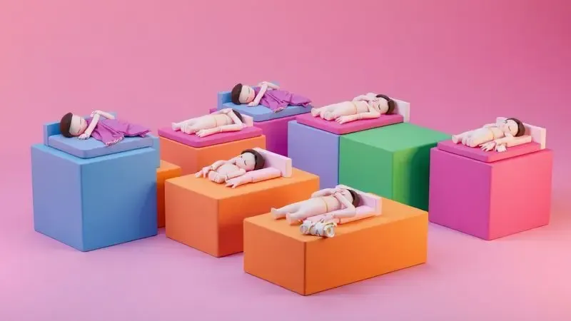 Representação 3D de diferentes posições de dormir em superfícies coloridas e vibrantes.