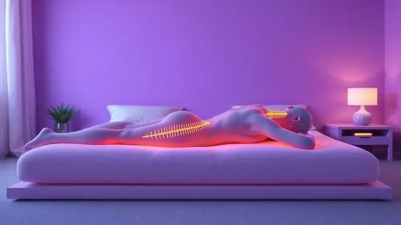Ilustração conceitual de alinhamento da coluna ao dormir em um colchão ortopédico de alta tecnologia.