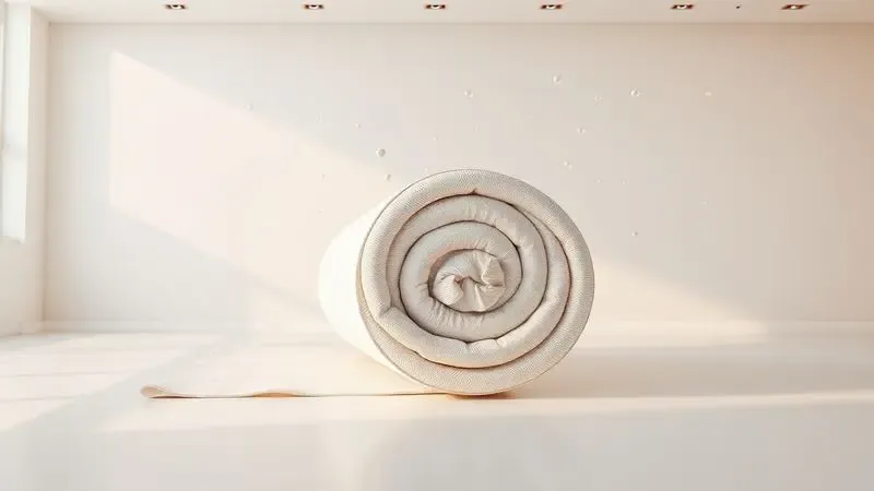 Renderização 3D artística de um colchão a vácuo desenrolando de forma prática em um quarto moderno.