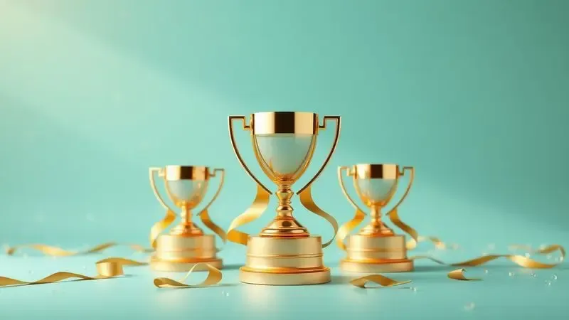 Troféus e fitas douradas conceituais em 3D simbolizando excelência e reconhecimento em design de interiores.