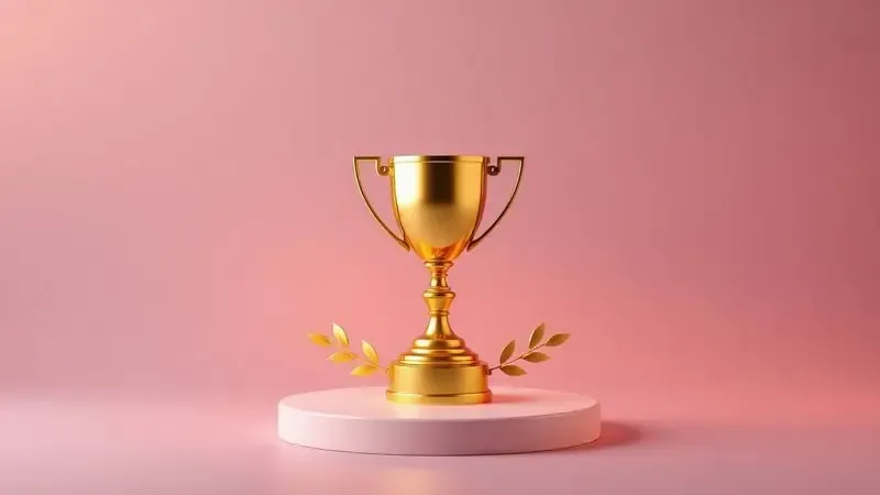 Troféu dourado conceitual em 3D simbolizando prêmios e excelência em qualidade de produtos.