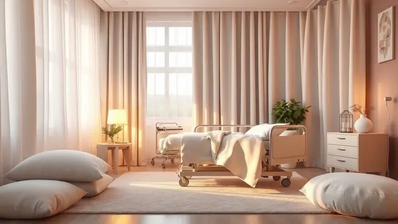 Renderização estilizada de um quarto confortável destacando os benefícios do cuidado com pacientes acamados.