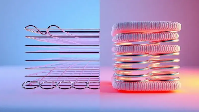 Comparação visual 3D entre sistemas de molas interconectadas e molas ensacadas individualmente para colchões premium.