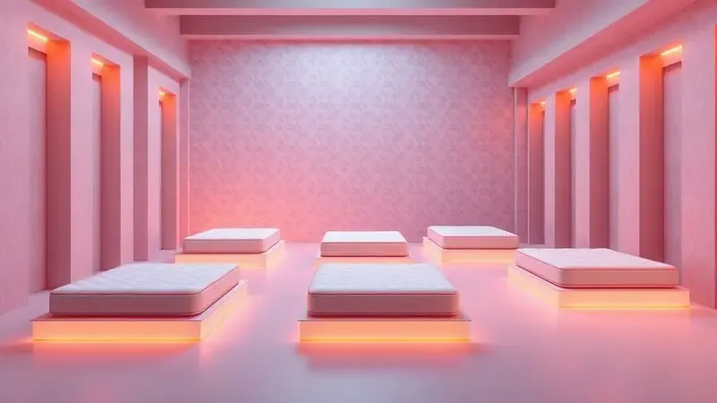 Ilustração 3D mostrando diferentes proporções e tamanhos de colchões de forma artística e colorida em um ambiente moderno.