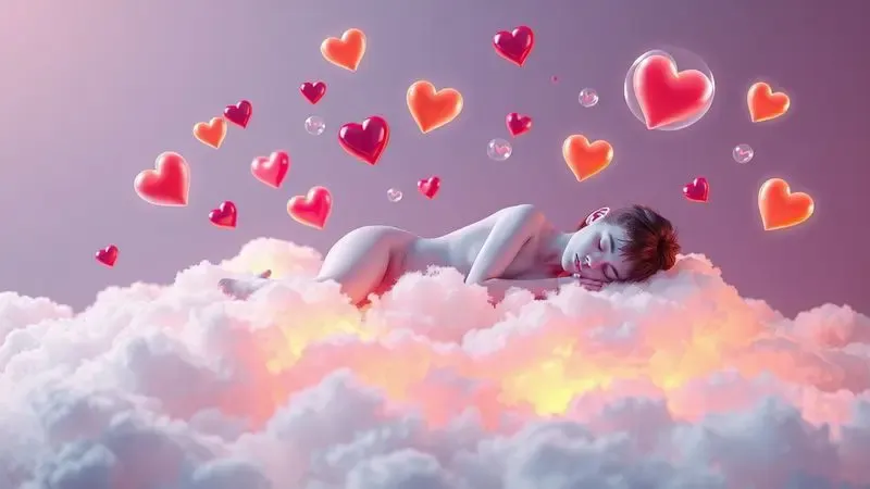 Ilustração 3D de uma silhueta humana relaxada cercada por ícones brilhantes de saúde e vitalidade celular.