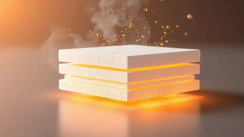 Visualização abstrata em 3D do processo de compressão de camadas de espuma de um colchão com luzes douradas.