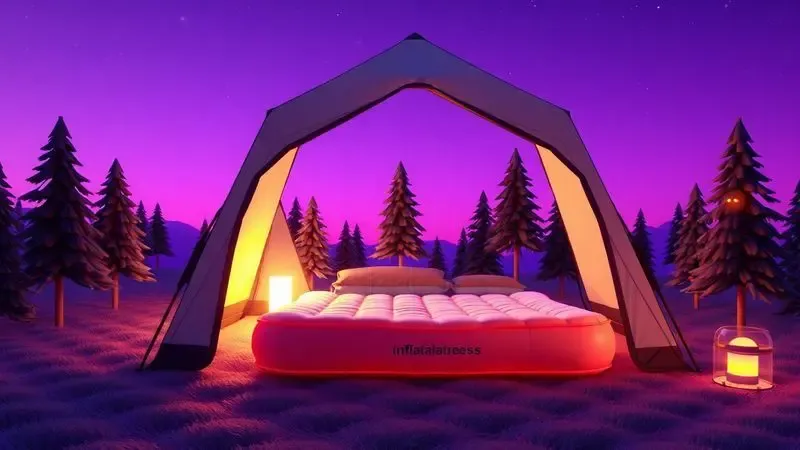 Colchão inflável dentro de barraca de acampamento em estilo 3D conceitual e colorido com iluminação acolhedora.