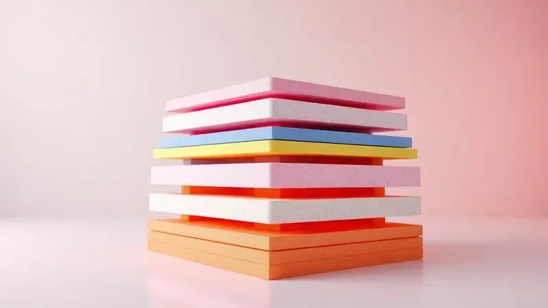 Representação 3D artística das camadas de espuma e estrutura de um colchão de alta qualidade com iluminação quente e moderna.