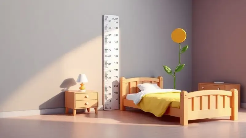 Ilustração 3D de uma cama infantil ao lado de elementos que simbolizam o crescimento e a passagem do tempo.