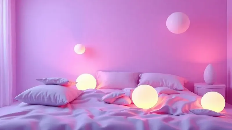 Cena 3D conceitual de um quarto acolhedor com travesseiros flutuantes simbolizando o conforto para todos os tipos de sono.