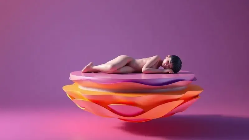 Silhueta estilizada em repouso sobre uma plataforma abstrata de camadas coloridas representando suporte e qualidade do sono.
