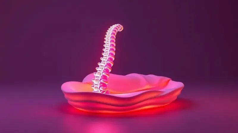 Representação 3D de uma coluna vertebral alinhada e relaxada sobre camadas de suporte confortáveis.