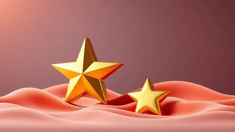 Composição abstrata 3D com estrela dourada simbolizando a excelente reputação da marca e satisfação do cliente.