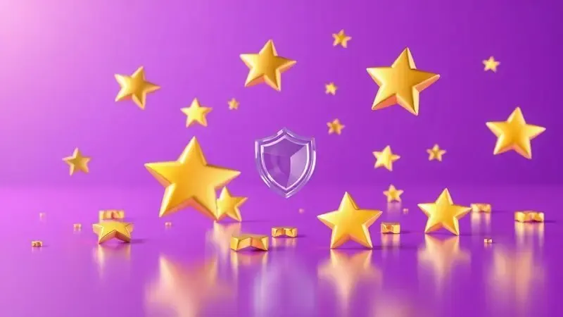 Representação 3D de estrelas douradas e escudos de proteção simbolizando a reputação e confiança do consumidor.