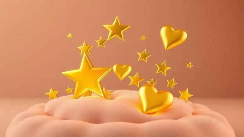 Cena 3D com estrelas douradas e elementos de satisfação simbolizando boa reputação e confiança do consumidor.