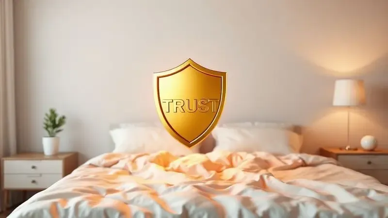 Ilustração 3D de um selo de confiança flutuando sobre uma cama estilizada, simbolizando boa reputação.