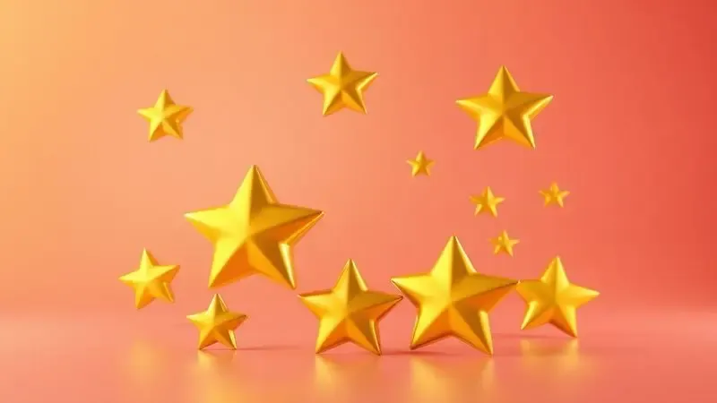 Ícones conceituais de estrelas douradas e aprovação simbolizando a boa reputação e confiança do consumidor.