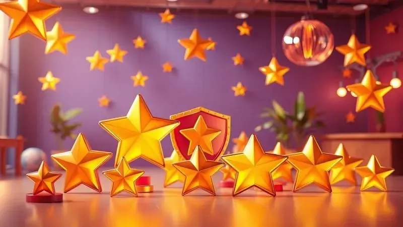 Ilustração 3D vibrante com estrelas douradas e elementos de satisfação simbolizando a confiança dos consumidores na marca.