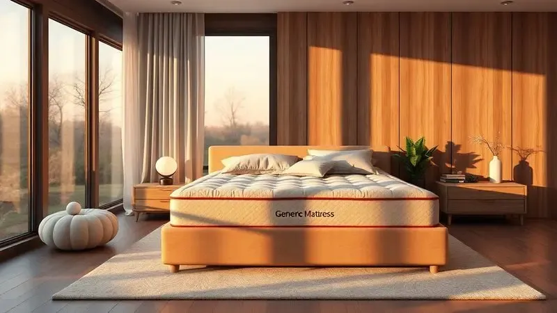 Quarto moderno e luxuoso em renderização 3D com iluminação quente destacando um colchão premium sem marcas.