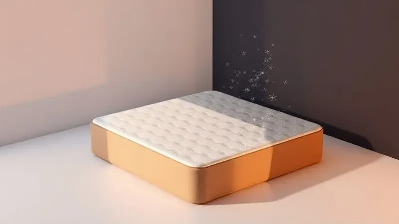 Representação conceitual em 3D dos riscos de armazenamento inadequado de colchão, como umidade e poeira.