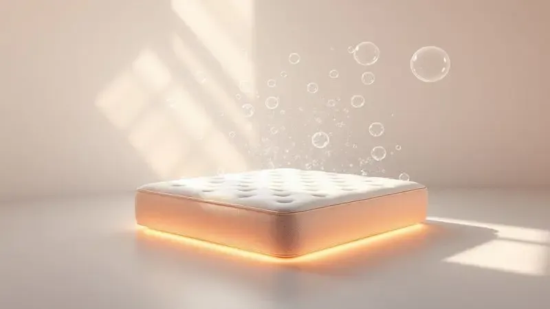 Representação visual 3D da secagem de um colchão com raios de sol e ar fresco para evitar mofo.