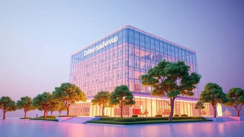Representação conceitual 3D de uma empresa de tecnologia moderna focada em saúde e bem-estar, com arquitetura futurista e natureza.