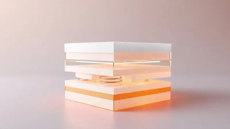 Visão conceitual em 3D das camadas internas de espuma e molas de um colchão de alta qualidade com cores vibrantes.