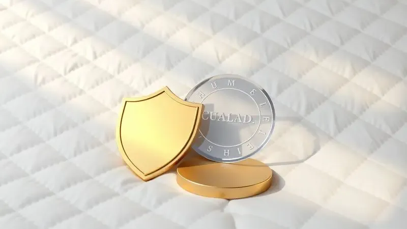 Ícones conceituais de garantia e qualidade em 3D flutuando sobre uma superfície de tecido luxuoso.