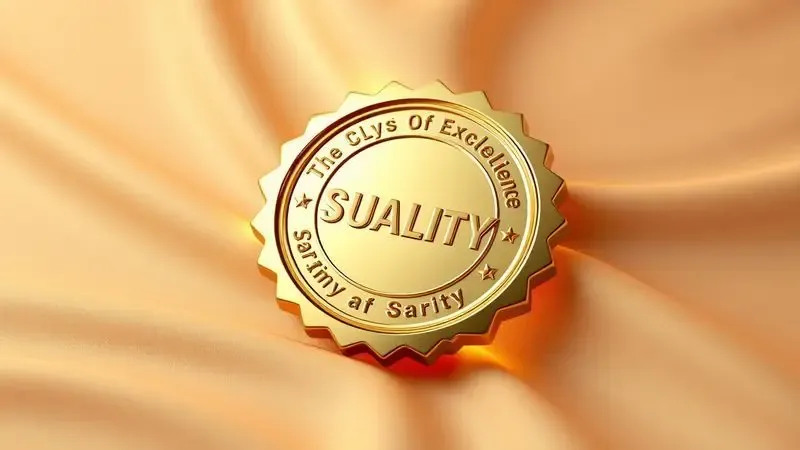 Selo de qualidade dourado conceitual em 3D sobre um tecido acolchoado luxuoso simbolizando segurança e excelência.