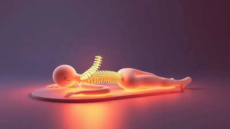 Representação 3D estilizada de uma coluna vertebral recebendo suporte adequado em uma superfície confortável e colorida.