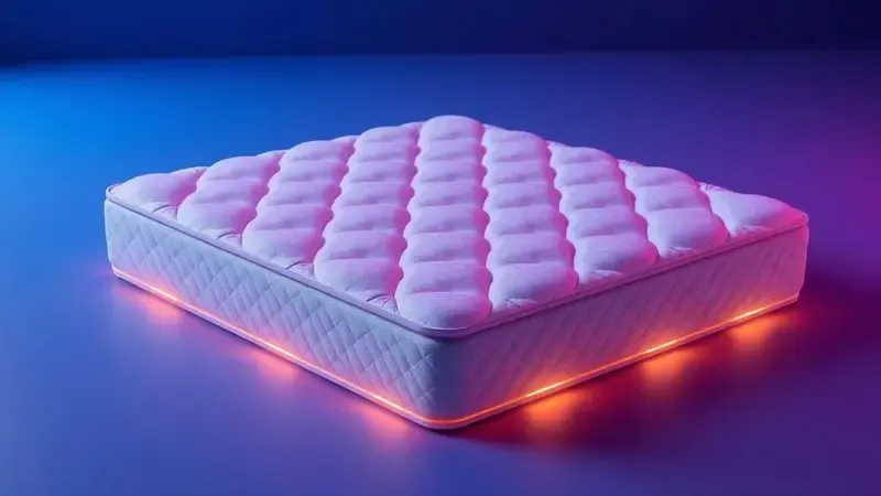 Representação 3D abstrata de sinais de desgaste em uma superfície de colchão com luzes coloridas.