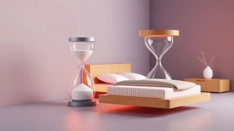 Ilustração 3D conceitual de uma ampulheta ao lado de uma cama simbolizando a troca do colchão.