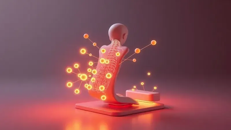 Ilustração 3D de suporte ergonômico para a coluna vertebral com pontos de alívio de pressão em um colchão.