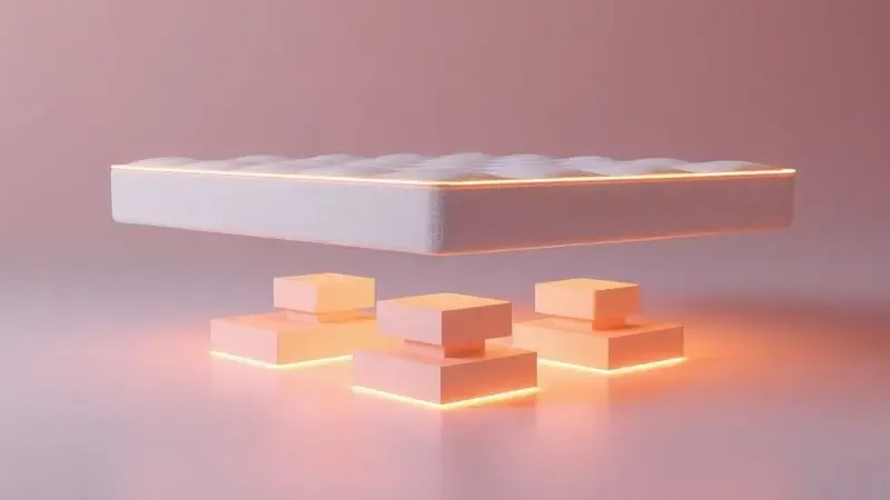 Visualização 3D da estrutura robusta de um colchão simbolizando durabilidade e suporte de peso.
