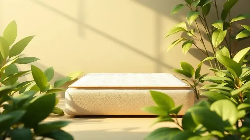 Imagem estilizada de um colchão integrado a elementos naturais e folhas verdes representando sustentabilidade.