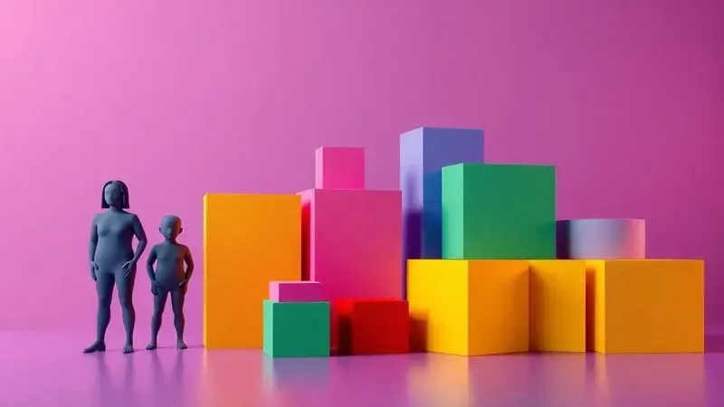 Ilustração 3D conceitual representando diferentes biotipos e suportes de espuma coloridos.