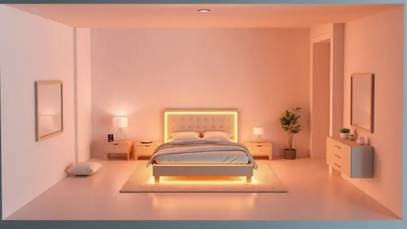 Esquema de design de interiores em 3D focando nas proporções de um colchão queen size no quarto.