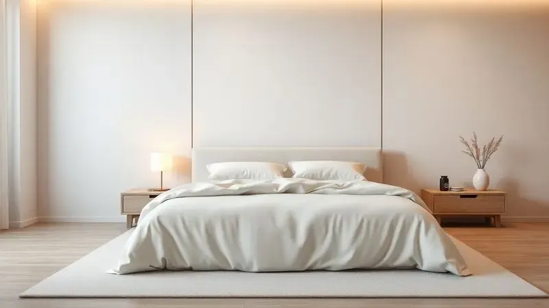 Cama de casal estilizada em 3D com lençóis macios em um quarto moderno e minimalista.