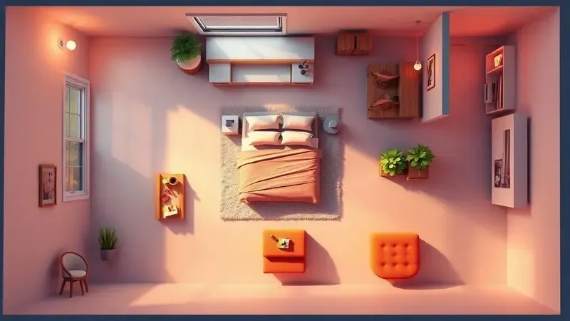 Maquete conceitual de um quarto mostrando a circulação e o layout ideal para acomodar uma cama queen.