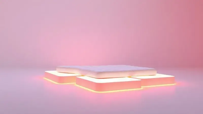 Visualização 3D comparativa de diferentes tamanhos de colchões em um ambiente minimalista e colorido.