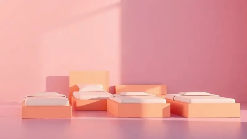 Ilustração conceitual comparando diferentes tamanhos de camas e colchões em um ambiente minimalista e colorido.