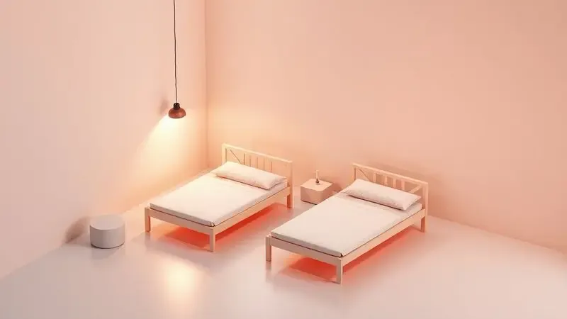 Visualização 3D isométrica de dois tamanhos de camas de solteiro em um quarto minimalista e bem iluminado.