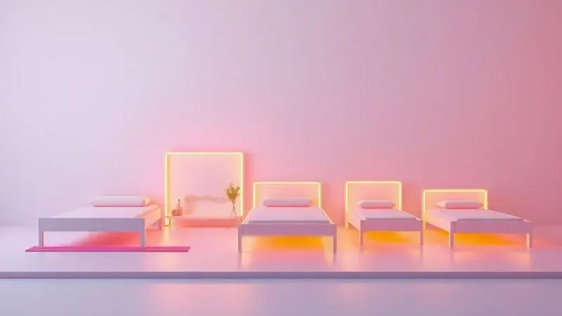 Representação tridimensional de diferentes dimensões de camas dispostas em um ambiente minimalista e acolhedor.