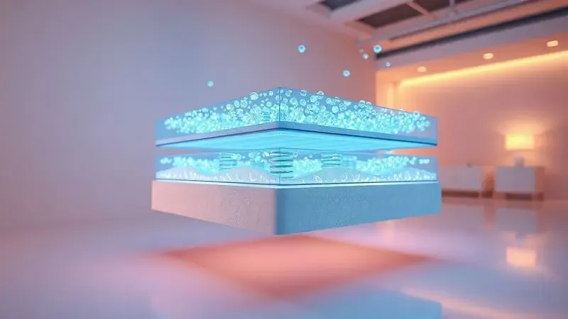 Ilustração 3D conceitual das camadas internas tecnológicas e molas de um colchão moderno em tons de azul e dourado.