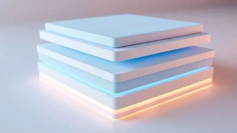 Visualização conceitual das camadas internas de espuma de um colchão de alta tecnologia em tons de azul e branco.