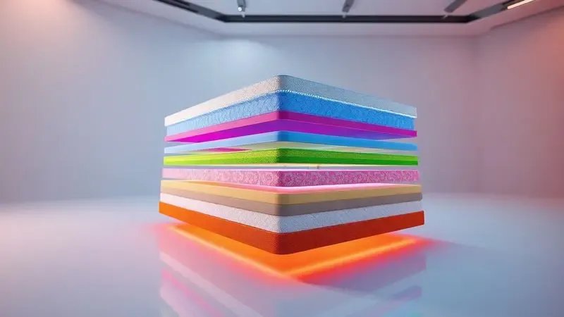 Ilustração 3D das camadas internas de um colchão premium mostrando espuma e molas estilizadas.