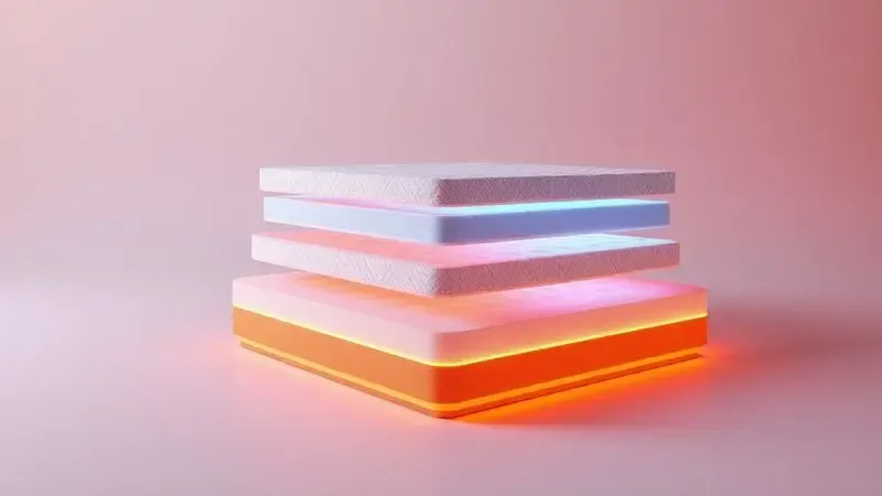 Visão artística das camadas internas e tecnologia de espuma de um colchão de alta qualidade.