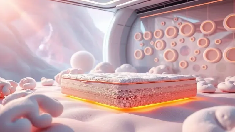 Tecnologia e densidade de materiais para colchões de cama box representados em renderização 3D futurista.