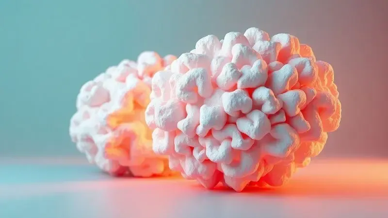 Visualização 3D abstrata de duas texturas de espuma diferentes representando firmeza e maciez em um colchão.